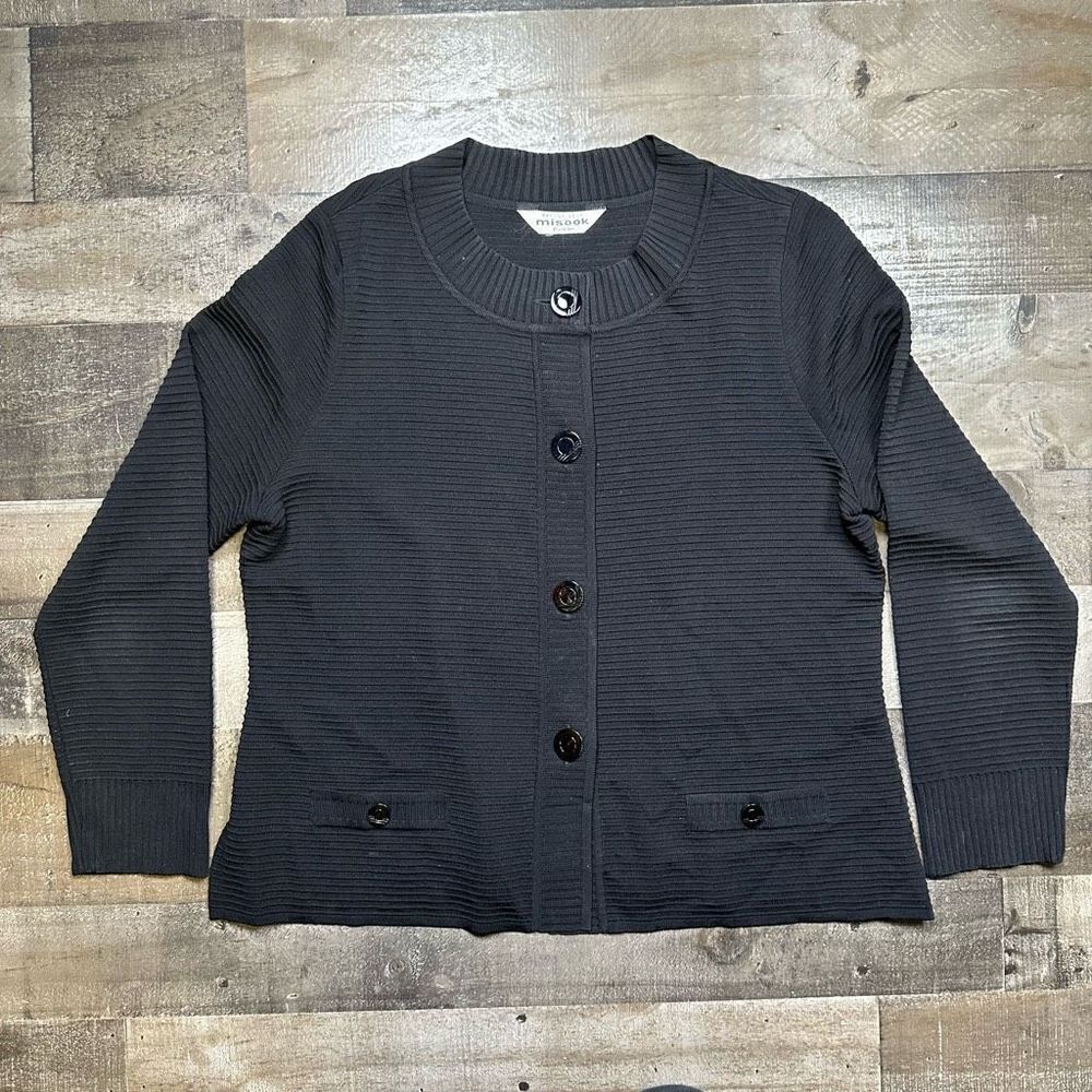 Exclusively Misook Women’s Size Large Cardigan Black Ribbed 4 Button Crew Neck